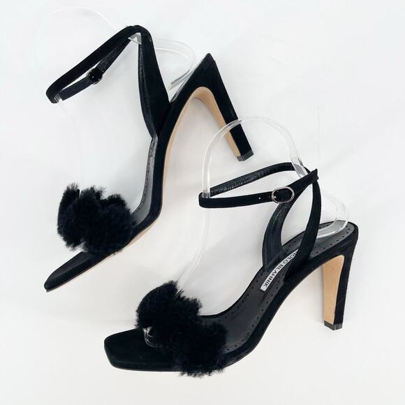 Manolo Blahnik Black Suede Hiebi 90 Shearling Strappy Sandal Heel size IT 37.5 - Picture 4 of 10